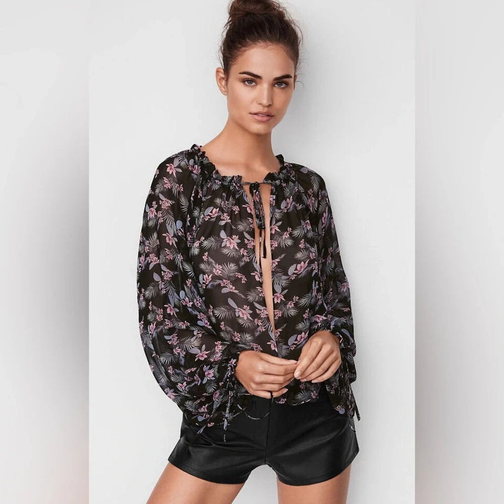 Victoria's Secret Womens S Sheer Floral Chiffon Open Front Bodysuit Blouse NWOT